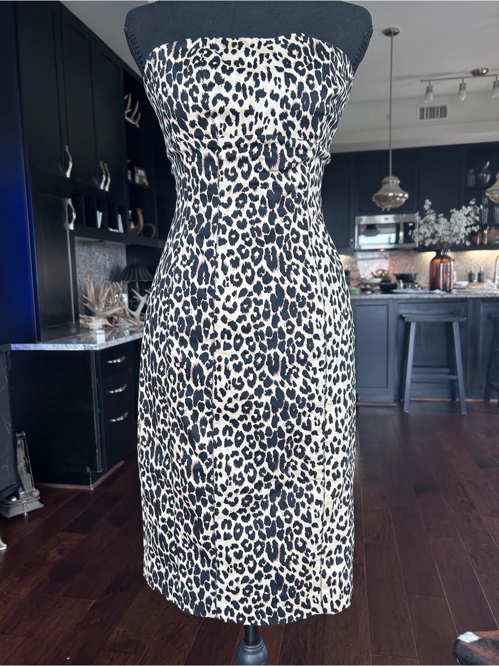 Strapless Leopard Print Sheath Dress - Black & Cream